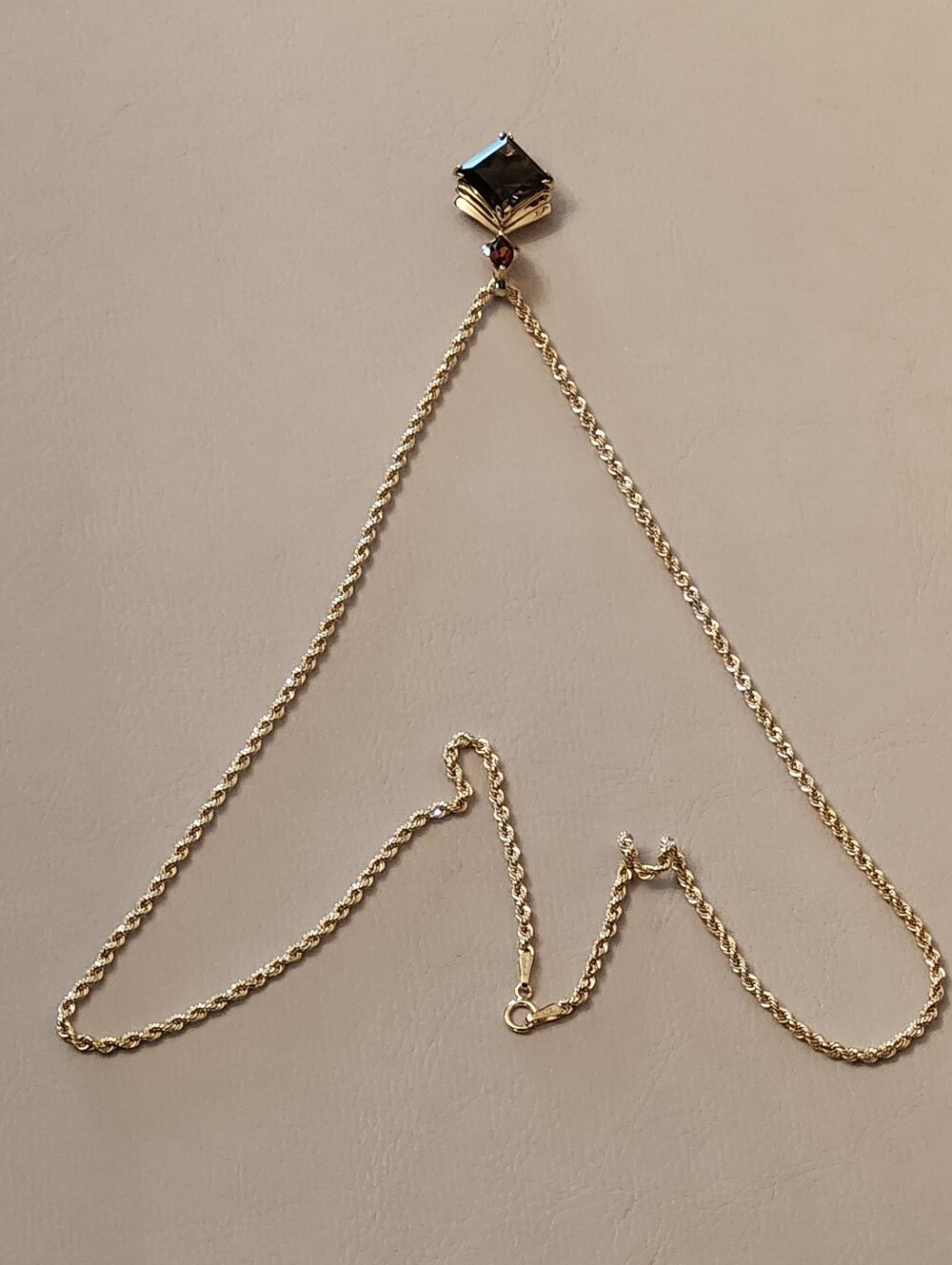 14KT YELLOW GOLD SMOKY QUARTZ & CITRINE PENDANT VINTAGE + 10kt GOLD NECKLACE